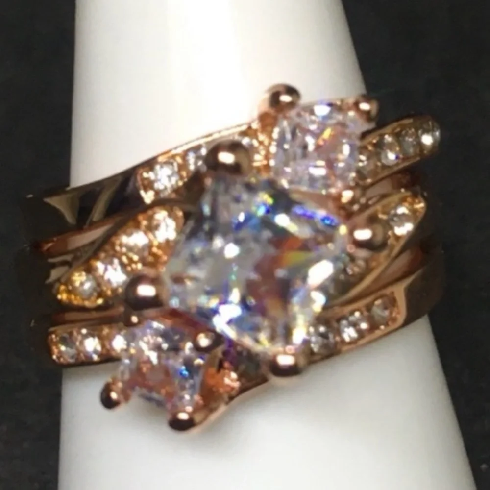Rose Gold 3pc Engagement Ring & 2 Wedding Bands Set with Diamond Sterling Silver